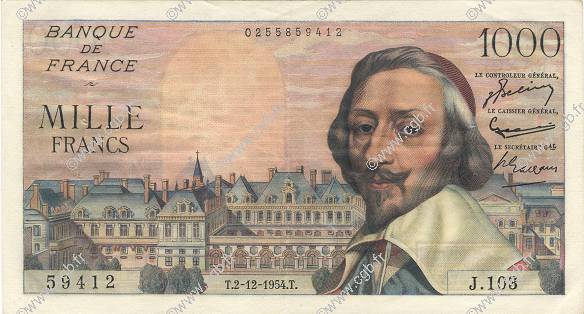 1000 Francs RICHELIEU FRANKREICH  1954 F.42.09 VZ+