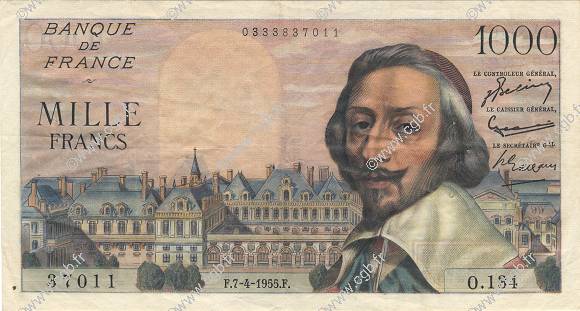 1000 Francs RICHELIEU FRANCE  1955 F.42.12 TTB+