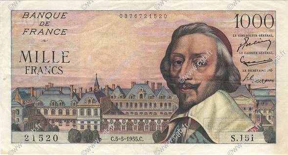 1000 Francs RICHELIEU FRANCE  1955 F.42.13 TTB+