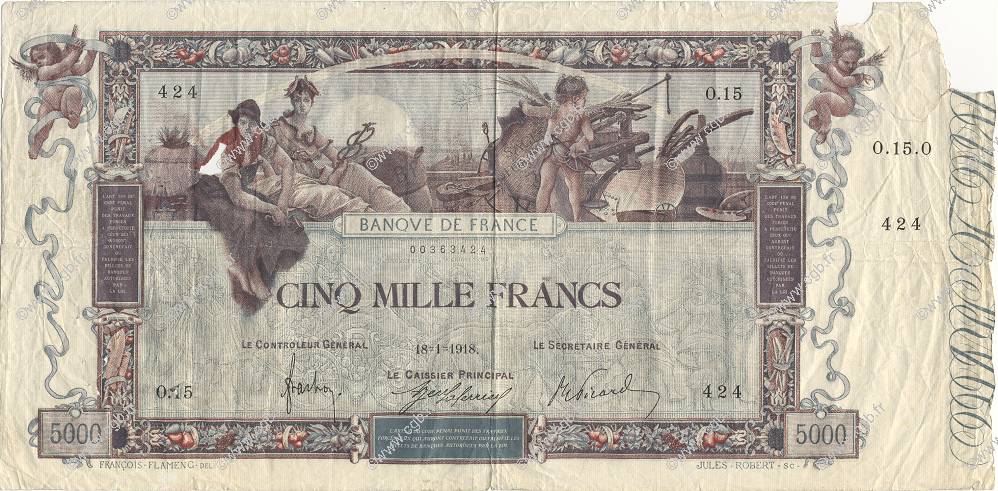 5000 Francs FLAMENG FRANCE  1918 F.43.01 VG