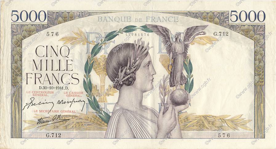 5000 Francs VICTOIRE Impression à plat FRANKREICH  1941 F.46.28 fVZ