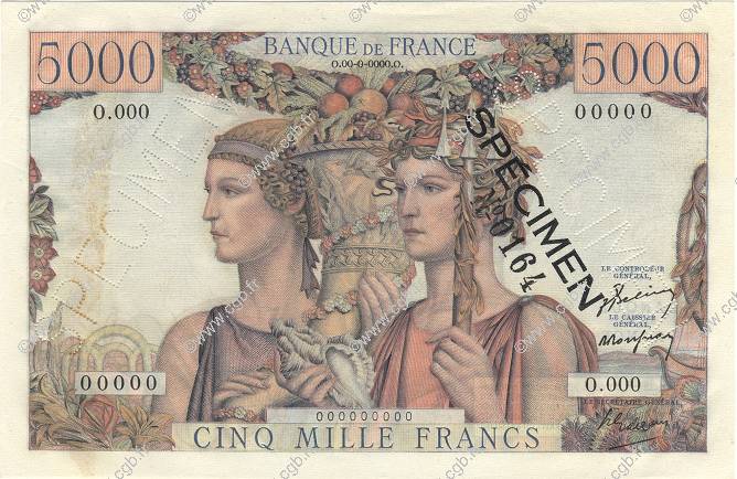 5000 Francs TERRE ET MER Spécimen FRANCE  1949 F.48.01Spn SUP