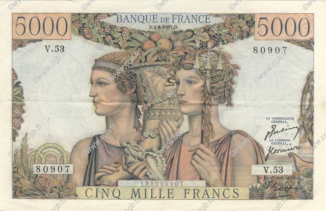 5000 Francs TERRE ET MER FRANKREICH  1951 F.48.04 VZ
