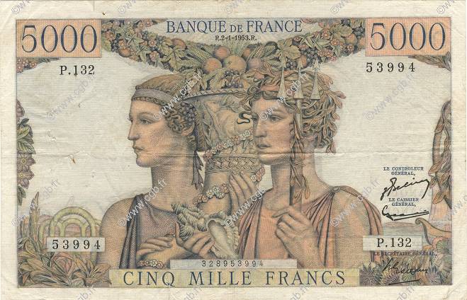 5000 Francs TERRE ET MER FRANKREICH  1953 F.48.08 fSS