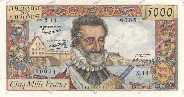 5000 Francs HENRI IV FRANCE  1957 F.49.02 VF+
