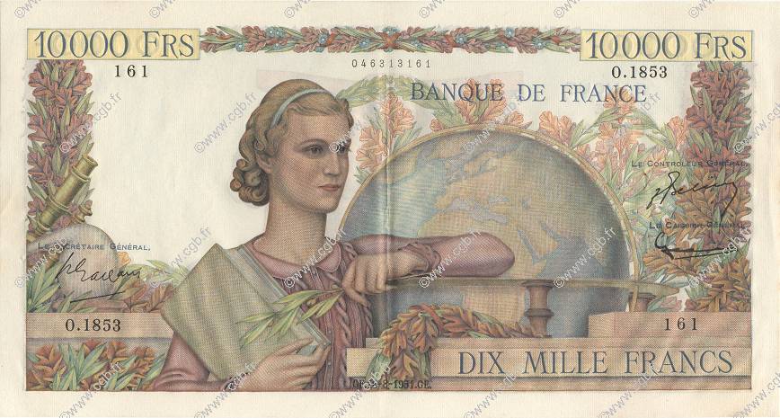 10000 Francs GÉNIE FRANÇAIS FRANCE  1951 F.50.53 XF