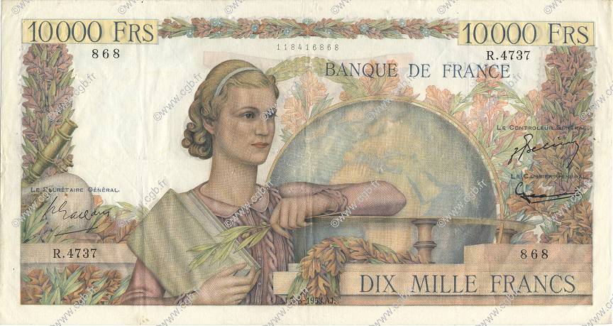 10000 Francs GÉNIE FRANÇAIS FRANCE  1953 F.50.65 VF-