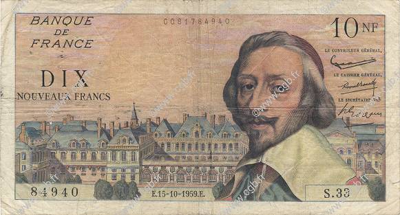 10 Nouveaux Francs RICHELIEU FRANCIA  1959 F.57.03 B a MB