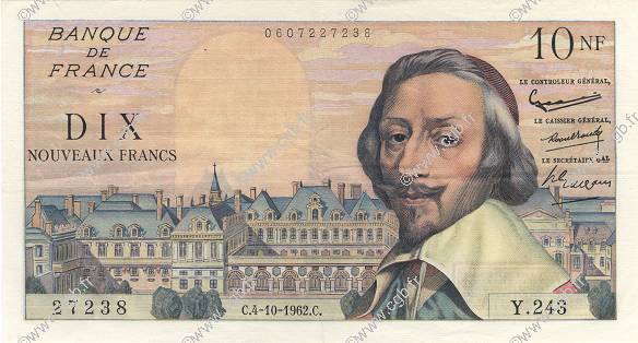 10 Nouveaux Francs RICHELIEU FRANCE  1962 F.57.21 SUP+