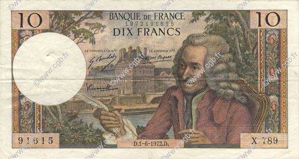 10 Francs VOLTAIRE FRANCE  1972 F.62.57 VF+