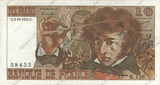 10 Francs BERLIOZ FRANCE  1974 F.63.07b XF