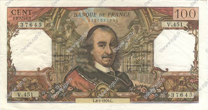 100 Francs CORNEILLE FRANCE  1970 F.65.29 TTB+