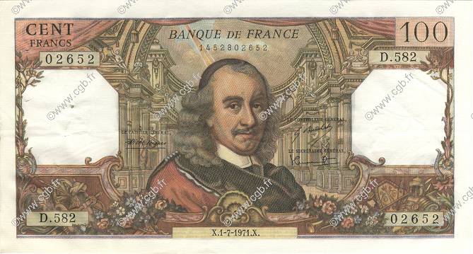 100 Francs CORNEILLE FRANCIA  1971 F.65.36 SPL