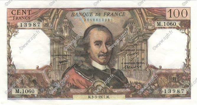 100 Francs CORNEILLE FRANCE  1977 F.65.57 XF+