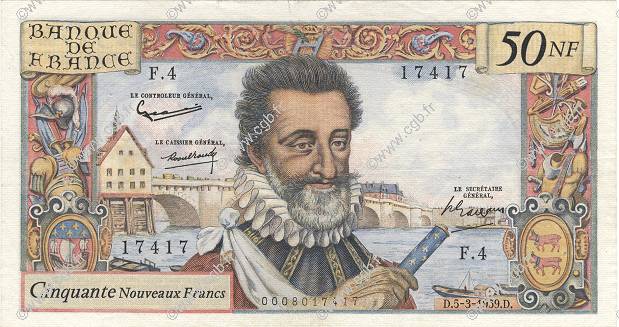 50 Nouveaux Francs HENRI IV FRANCE  1959 F.58.01 VF