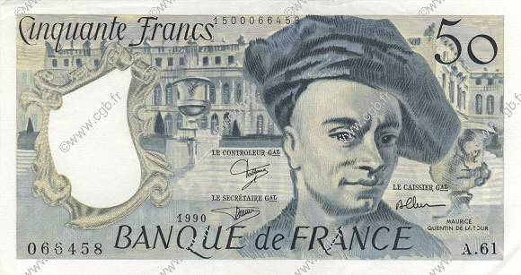 50 Francs QUENTIN DE LA TOUR FRANCE  1990 F.67.16 AU+