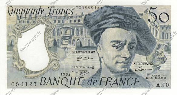50 Francs QUENTIN DE LA TOUR Petit numéro FRANCE  1992 F.67.18A70 UNC