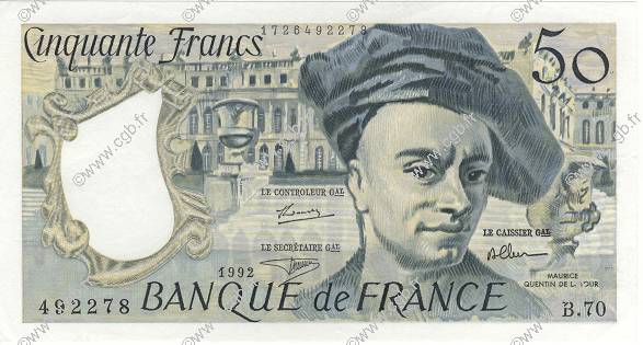 50 Francs QUENTIN DE LA TOUR FRANCIA  1992 F.67.18 EBC a SC