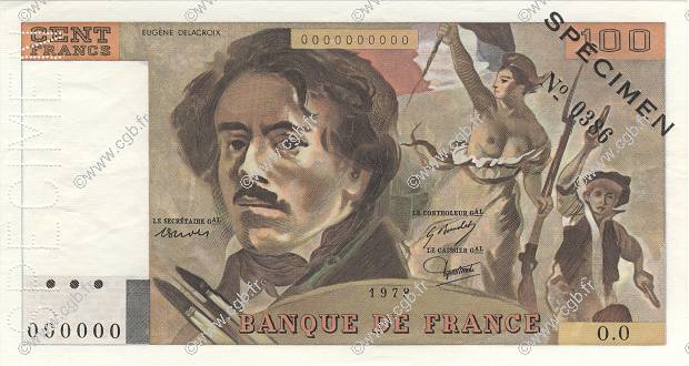 100 Francs DELACROIX Spécimen FRANKREICH  1978 F.69.01Spn fST+