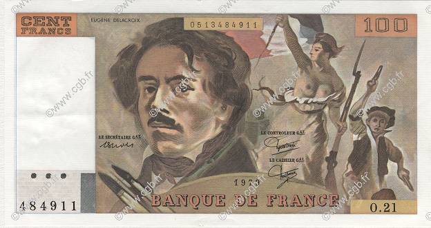 100 Francs DELACROIX modifié FRANKREICH  1979 F.69.03 VZ to fST