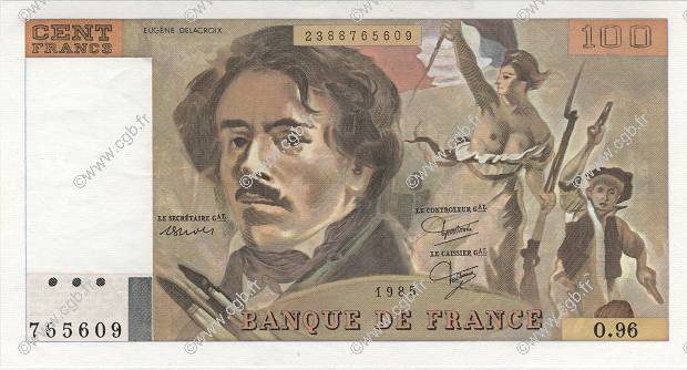 100 Francs DELACROIX modifié FRANCE  1985 F.69.09 SPL