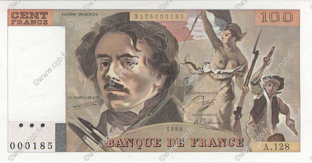 100 Francs DELACROIX modifié Petit numéro FRANCE  1988 F.69.12A128 NEUF