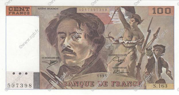 100 Francs DELACROIX imprimé en continu FRANCIA  1990 F.69bis.02b q.FDC