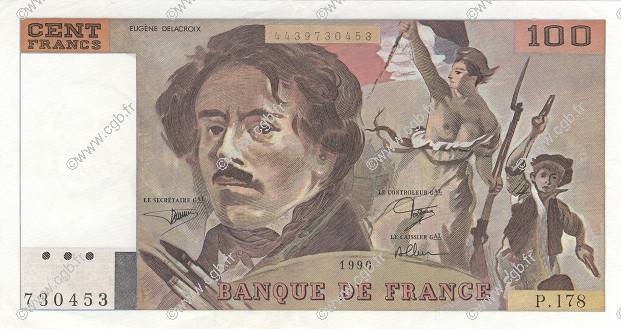 100 Francs DELACROIX imprimé en continu FRANKREICH  1990 F.69bis.02c VZ+