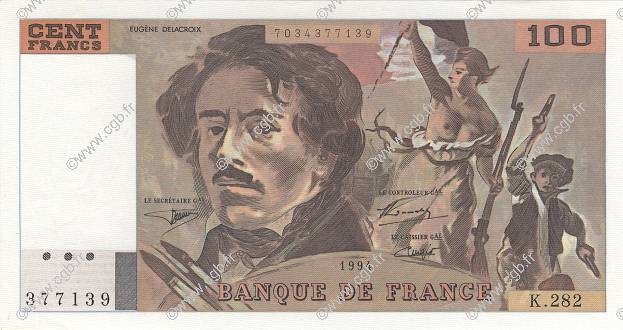 100 Francs DELACROIX 442-1 & 442-2 FRANCE  1994 F.69ter.01c AU+