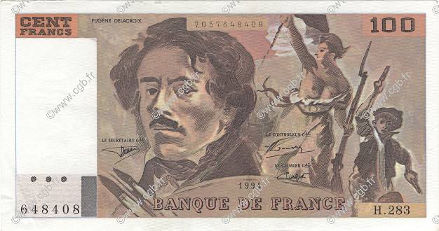 100 Francs DELACROIX 442-1 & 442-2 FRANCE  1994 F.69ter.01c AU-