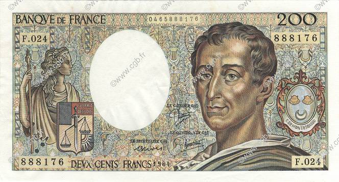 200 Francs MONTESQUIEU FRANKREICH  1984 F.70.04 VZ+