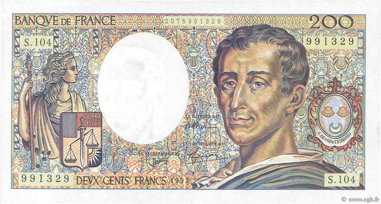 200 Francs MONTESQUIEU FRANCIA  1992 F.70.12a q.AU