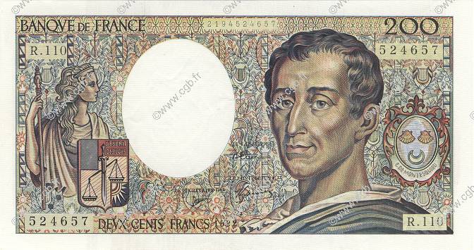 200 Francs MONTESQUIEU FRANCE  1992 F.70.12a XF - AU