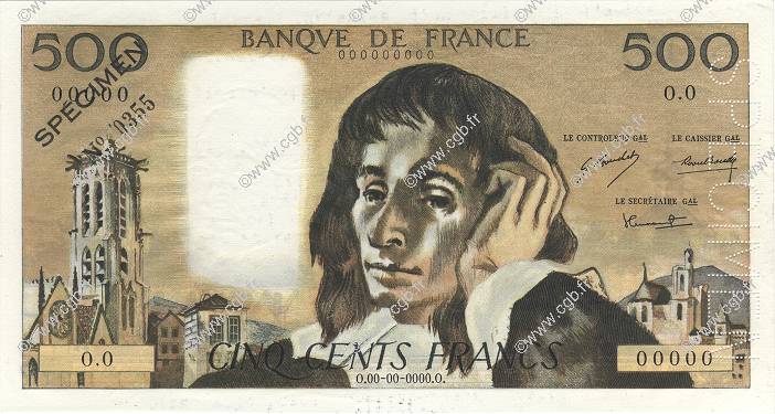 500 Francs PASCAL Spécimen FRANCE  1968 F.71.01Spn AU