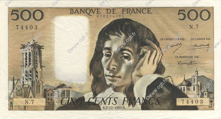 500 Francs PASCAL FRANCE  1968 F.71.02 SUP