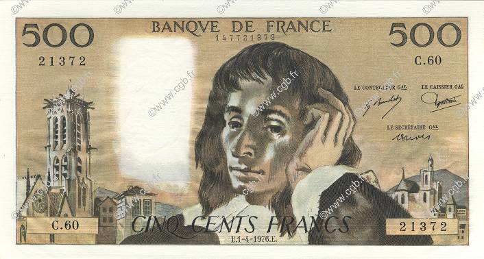 500 Francs PASCAL FRANKREICH  1976 F.71.14 fST