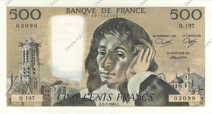 500 Francs PASCAL FRANCE  1984 F.71.30 UNC