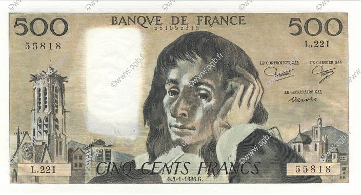 500 Francs PASCAL FRANKREICH  1985 F.71.32 ST