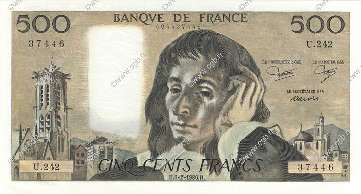 500 Francs PASCAL FRANCIA  1986 F.71.34 FDC