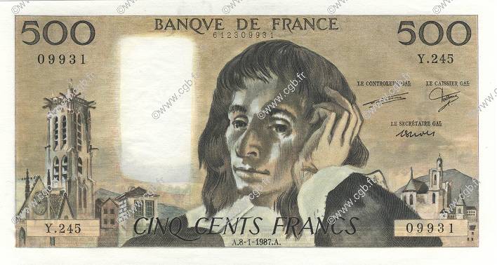 500 Francs PASCAL FRANCE  1987 F.71.35 UNC