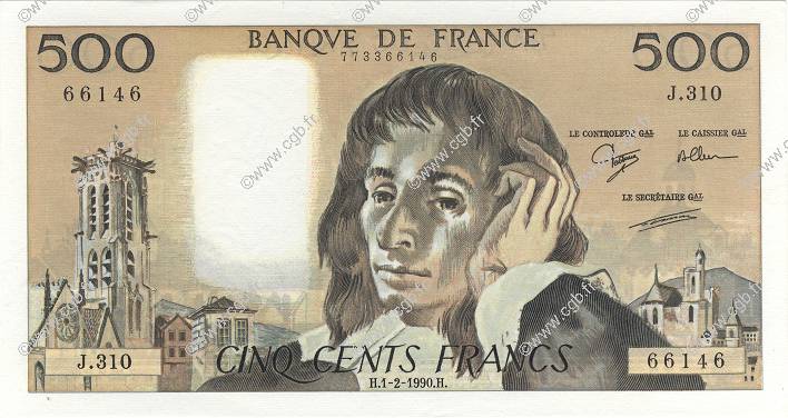 500 Francs PASCAL FRANCE  1990 F.71.43 UNC-