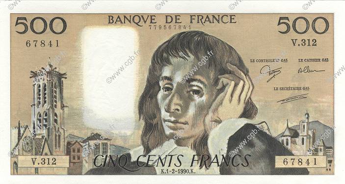 500 Francs PASCAL FRANCE  1990 F.71.43 UNC