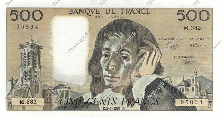 500 Francs PASCAL FRANKREICH  1991 F.71.46 fST+