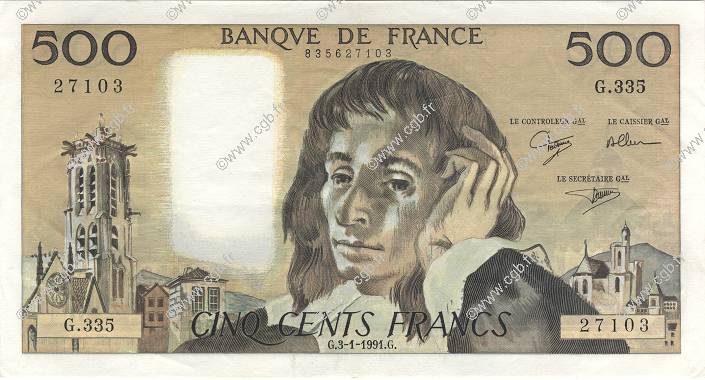 500 Francs PASCAL FRANCIA  1991 F.71.46 SPL a AU