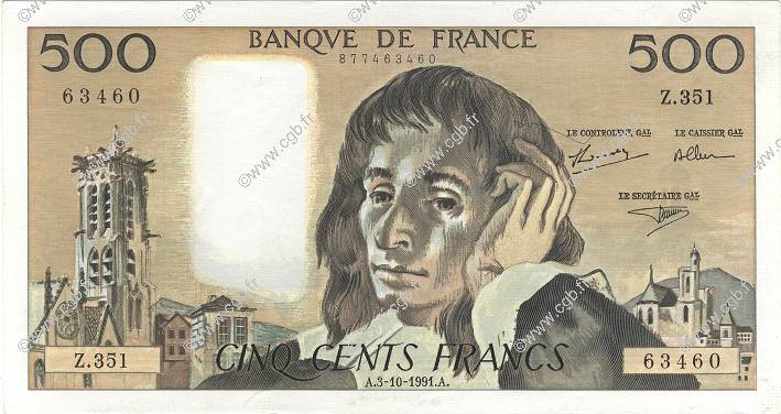 500 Francs PASCAL FRANKREICH  1991 F.71.48 fST