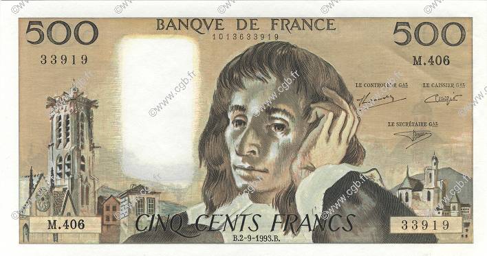 500 Francs PASCAL FRANKREICH  1993 F.71.52 fST+