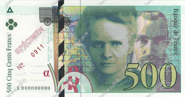 500 Francs PIERRE ET MARIE CURIE Spécimen FRANKREICH  1994 F.76.01Spn ST