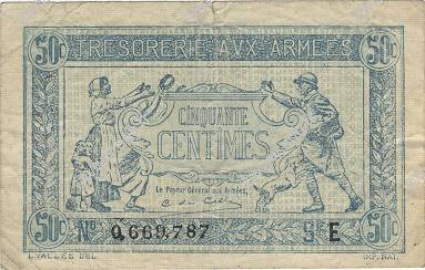50 Centimes TRÉSORERIE AUX ARMÉES 1917 FRANCIA  1917 VF.01.05 q.BB