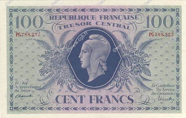 100 Francs MARIANNE FRANKREICH  1943 VF.06.01a ST