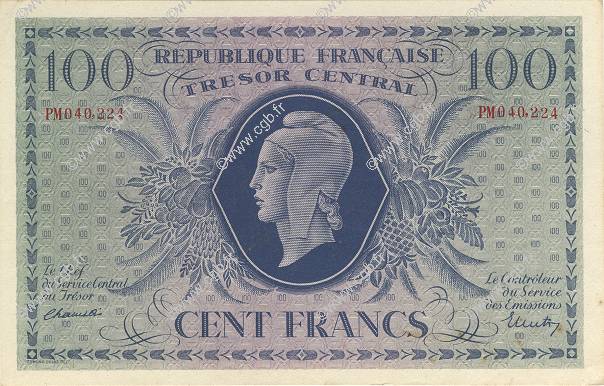 100 Francs MARIANNE FRANKREICH  1943 VF.06.01f fST+
